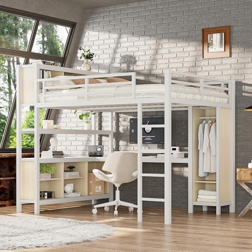 Linique Metal Loft Bed with Wardrobe & L-Shaped Desk - Sturdy Space-Saving Loft Bed Includes Storage Cubes, Shelves for Kids, Teens, Adults (White, Queen)