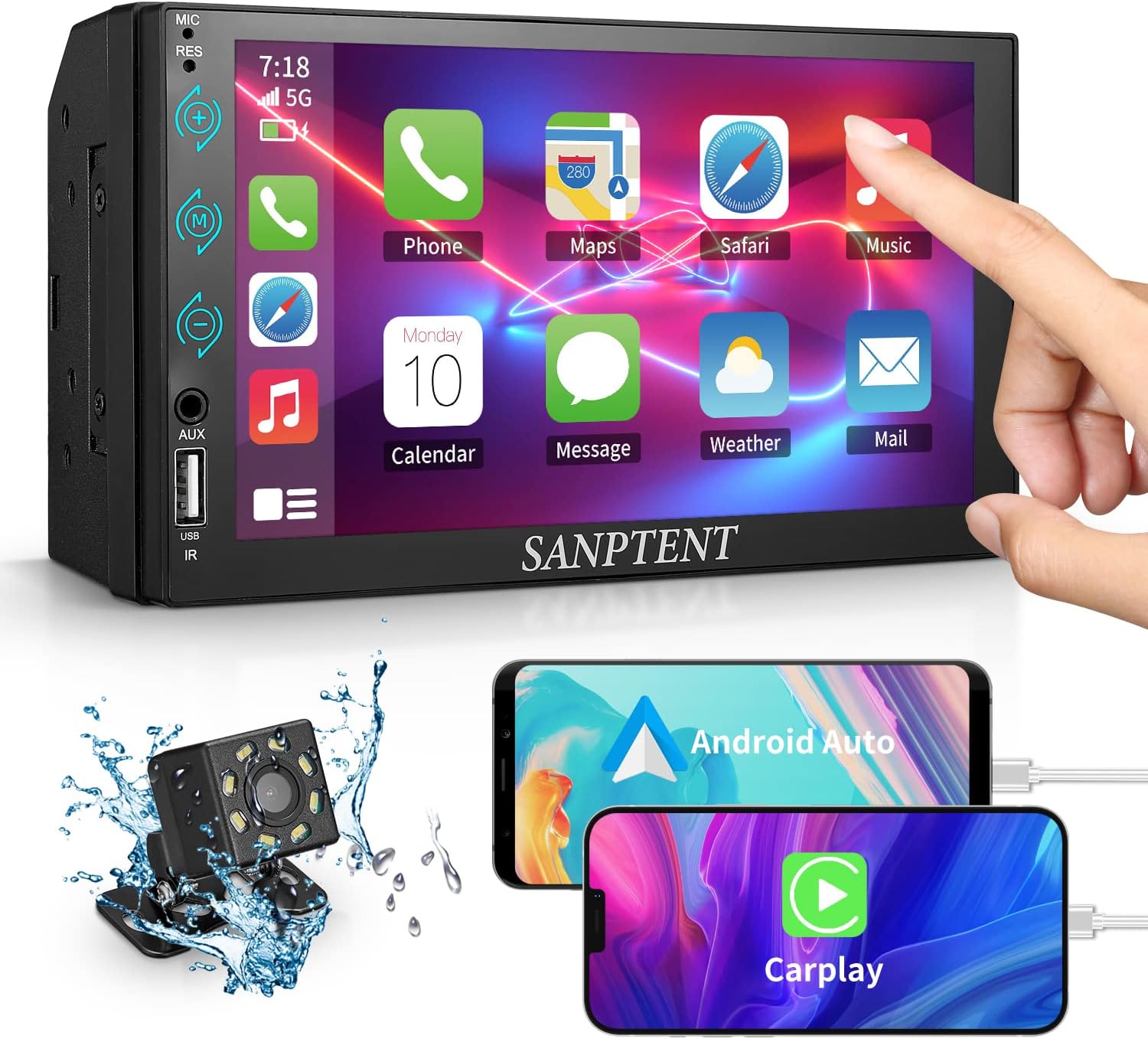 SANPTENT Double Din Car Stereo Compatible with Carplay and Android Auto, 7-Inch Touch Screen Car Stereo, Car Radio Receiver with Bluetooth, Rear View Camera, AM/FM/AUX Input, Screen Mirroring
