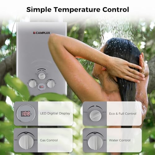 CAMPLUX 2.64 GPM Propane Portable Gas Water Heater, 68,000 BTU Outdoor Tankless Camping Water Heater with Digital Display, White