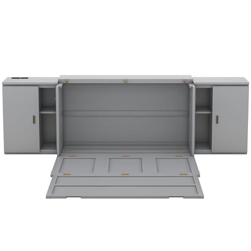 Queen Murphy Bed with Shelves, Modern Wall Bed Murphy Bed with Shelves, Cabinets, USB Ports, Wood Murphy Bed Cabinet Bed, Murphy Bed Chest Murphy Bed Frame for Guest Bedroom, Space-Saving, White