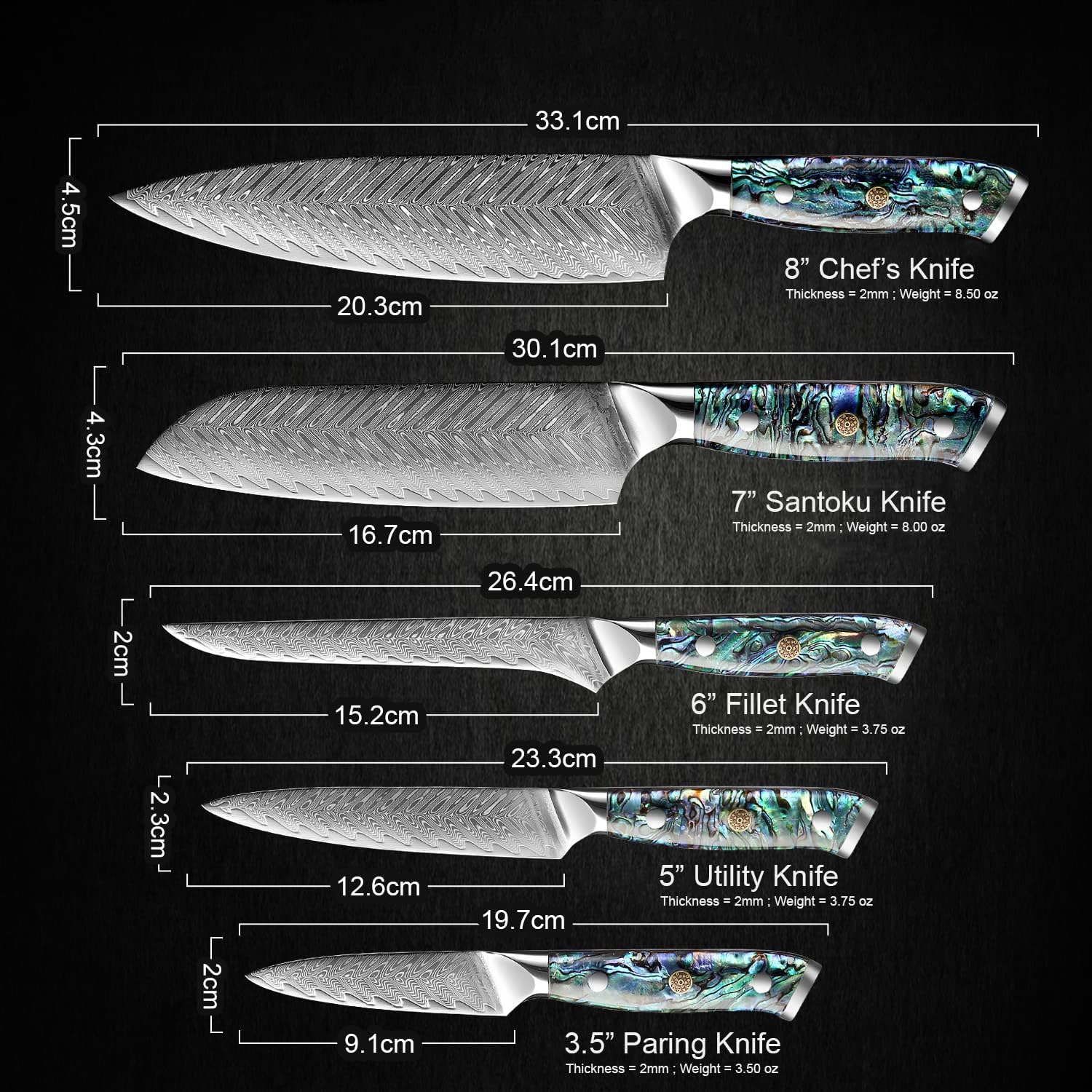 SENKEN 5-Piece Damascus Steel Kitchen Knife Set with Black Walnut Magnetic Knife Block, 67-Layer Japanese VG10 Steel, Real Deep-Sea Abalone Shell Handle, Chef's Knife, Santoku, Paring, Fillet, Utility