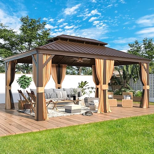MELLCOM 12'x16' Hardtop Gazebo, Galvanized Steel Metal Double Roof Canopy with Curtains and Netting, Brown Permanent Pavilion Gazebos with Aluminum Frame for Garden, Patio, Lawns, Deck