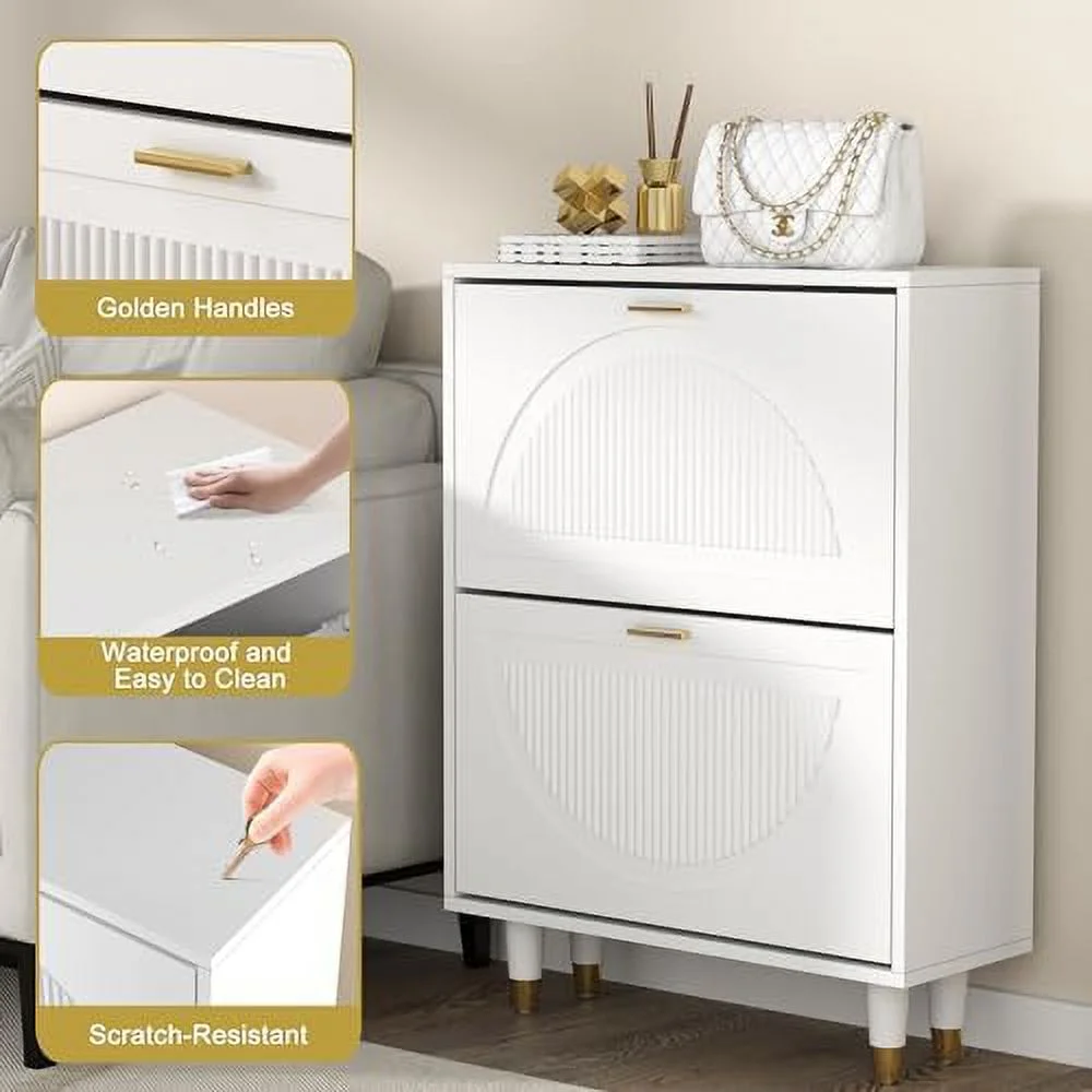 NLIBOOMLife Shoe Cabinet for Entryway Slim  Hidden Shoe  Cabinet White  Narrow Shoe Organizer with Doors  2 Flip Drawer Shoe Rack Cabinet with Doors  Thin Shoe Dresser Wood