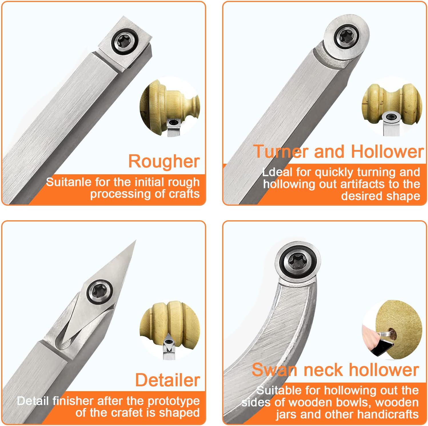 Carbide Tipped Wood Lathe Turning Tools Set, Full Size Lathe Rougher Finisher Swan Neck Hollowing Tools and Interchangeable Aluminum Alloy Grip Handle with Diamond Round Square Carbide Inserts