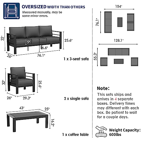 UDPATIO 8 Piece Aluminum Patio Furniture Set, Oversized Modern Outdoor Furniture Set with Olefin Fabric Cushion for Patio Deck Backyard, Dark Grey(with Waterproof Covers)