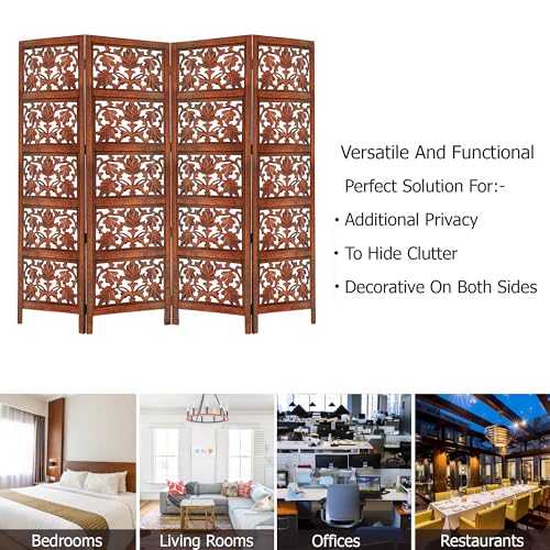 Room Divider Wood Screen - Ghanti Bells Antique Brown - 4 Panel Folding 72 x 80 - Assembled Hand Carved Decorative Functional Versatile Portable Partition Reversible Privacy Boho - COTTON CRAFT