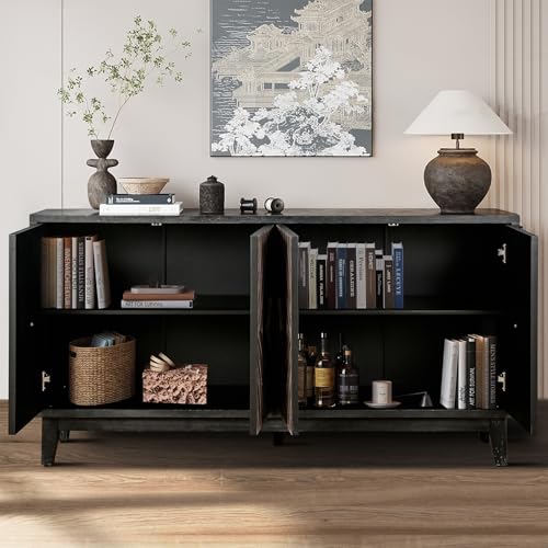 Mid Century Sideboard Buffet Cabinet with Solid Wood Legs, 60" Kitchen Storage Cabinet Credenza with 4 Convex Pattern Diamond Doors and 2 Shelves Accent Console Table, Antique Black