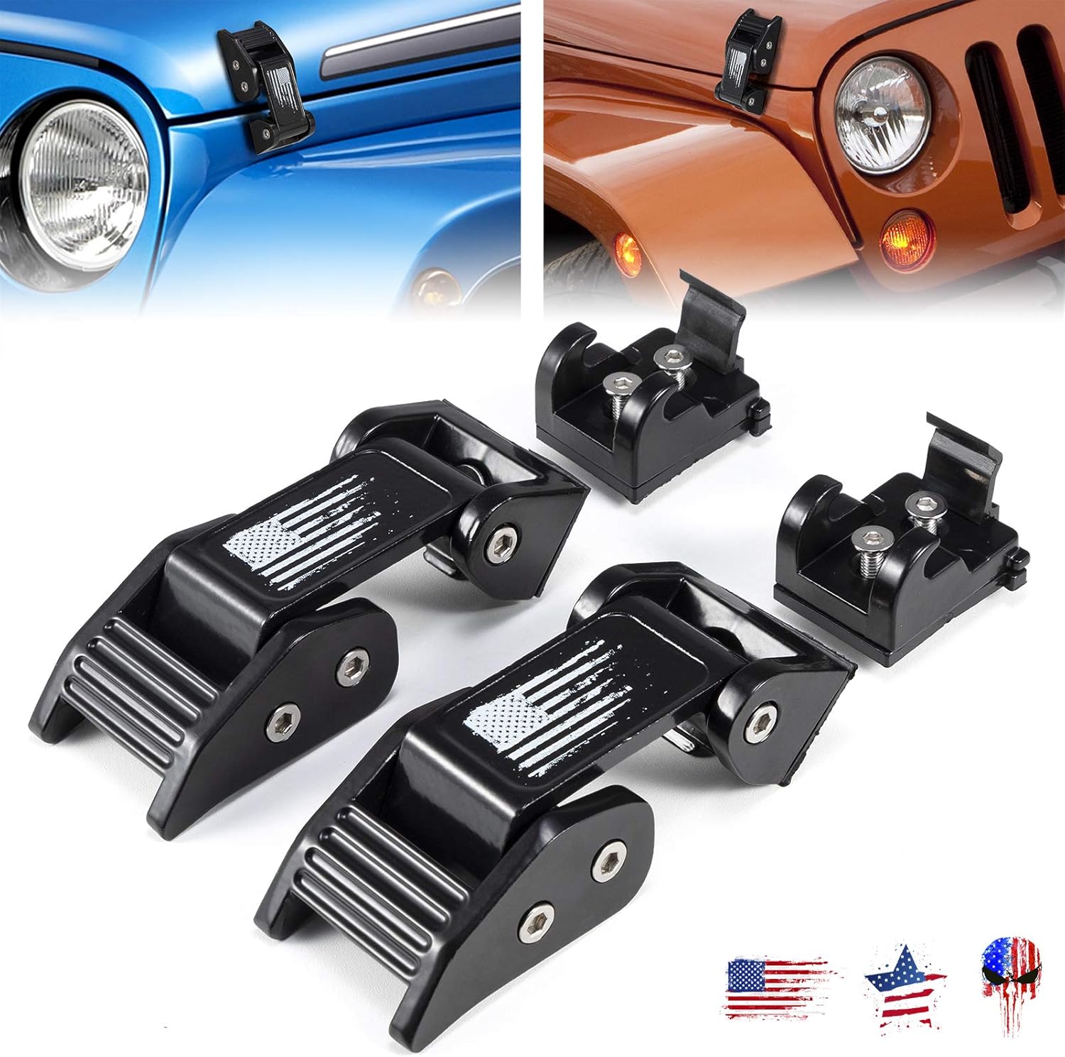 Buling TJ Hood Latches Improved Design Aluminum Hood Catch Latch Kits Compatible with Jeep Wrangler TJ 1997-2006 (Texture Black US Flag)