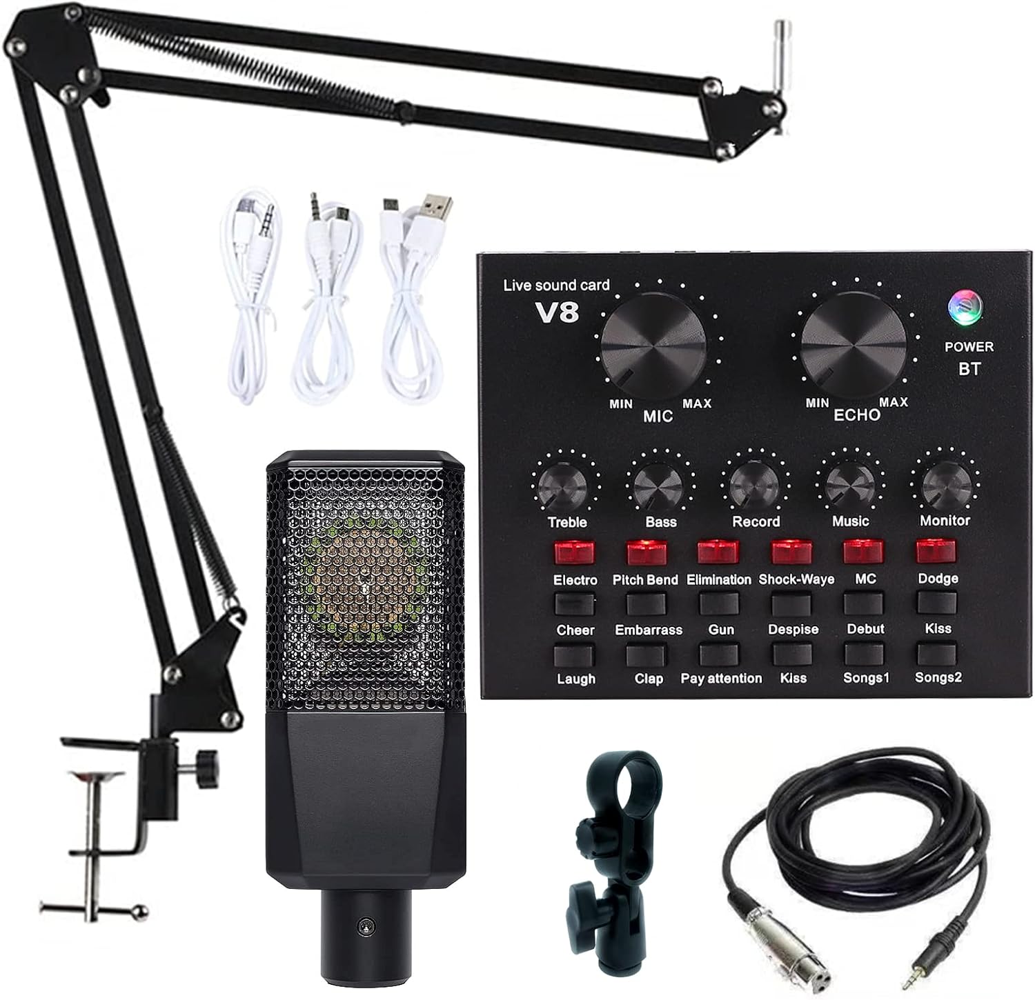 Podcast Equipment Bundle, BM-800 Recording Studio Package with Voice Changer, Live Sound Card - Audio Interface for Laptop Computer Vlog Living Broadcast Live Streaming YouTube TikTok (AM100-V8) Pack of 2