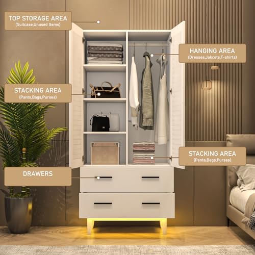 3 Door Armoire Wardrobe Closet Cabinet with Drawers and LED Lights, Multi-Tier Shelves, Hanging Rod & 3 Louver Doors, Large Capacity Storage Wardrobe Armoire for Bedroom, White