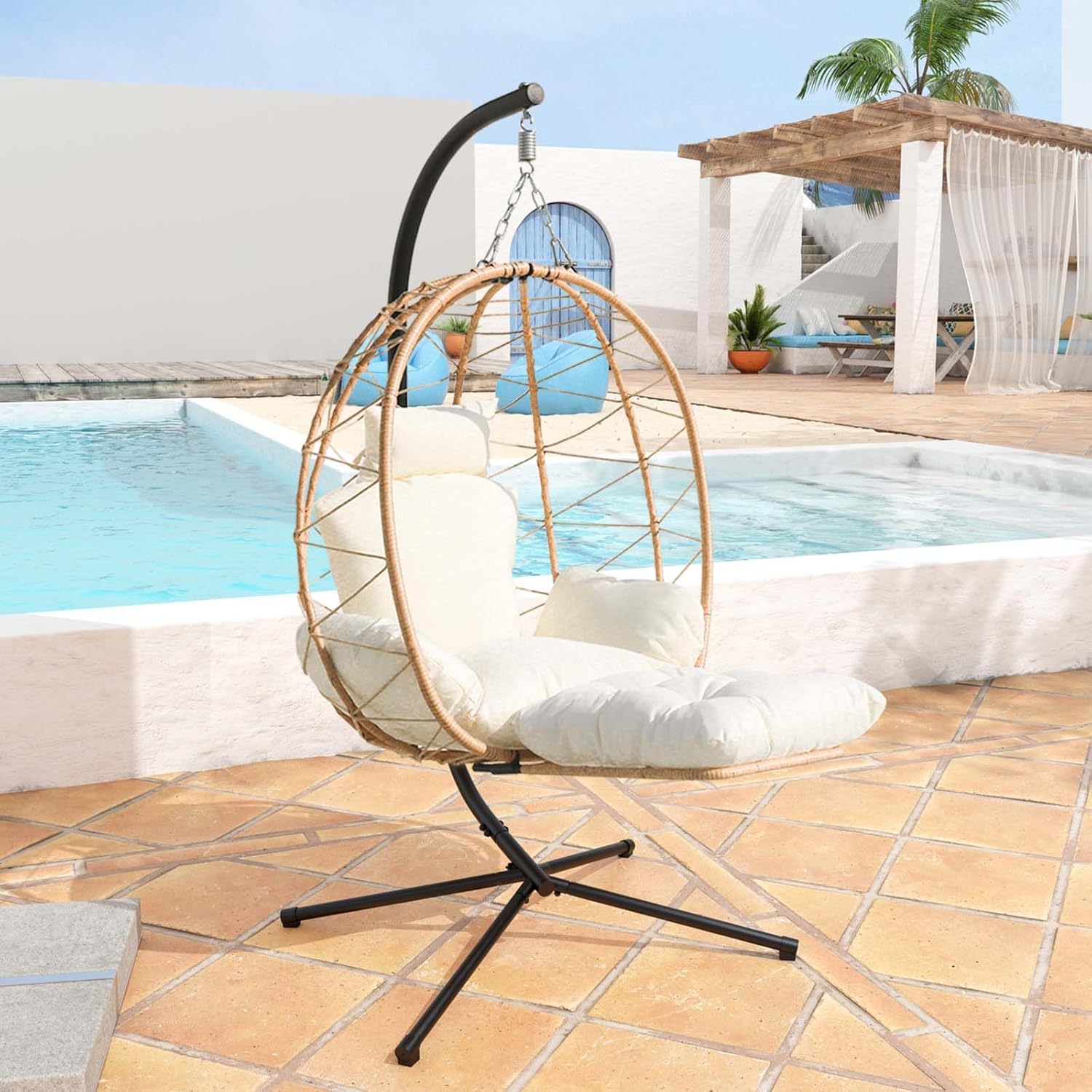 Hanging Egg Chair with Stand Indoor Swinging Chair Outdoor Hammock Egg Chair for Patio, Bedroom, Garden and Balcony (Single with Leg support Milky White, Small)