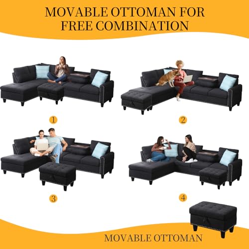 L Shaped Sectional Couch with Recliner, Modern Sleeper Sofa with Movable Storage Ottoman, Stylish Living Room Furniture Set with 2 Cup Holders and 2 Pillows for Home, Charcoal Grey