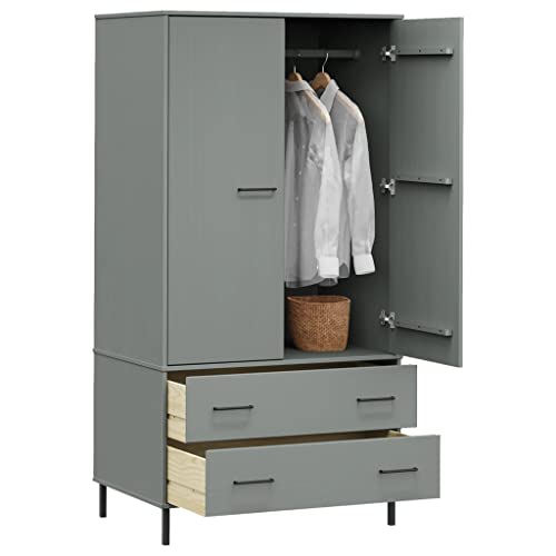 Wardrobe with Metal Legs Gray 35.4"x21.7"x67.9" Solid Wood OSLO,Compact Pine Wood Wardrobe with Ample Storage Space and Stylish Design for Home Armoires & Wardrobes, Bedroom Cabinets & Storage