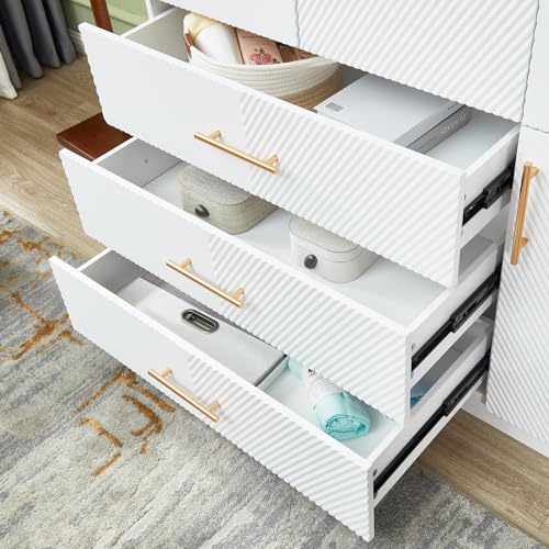 White 4 Doors 3 Drawers Large Closet Cabinet Wardrobe Armoire Bedroom Freestanding Clothes Storage Organizer with Hanging Rod & Shelves, Bathroom Wooden Organizer (20.3"D x 63"W x 74.2"H)