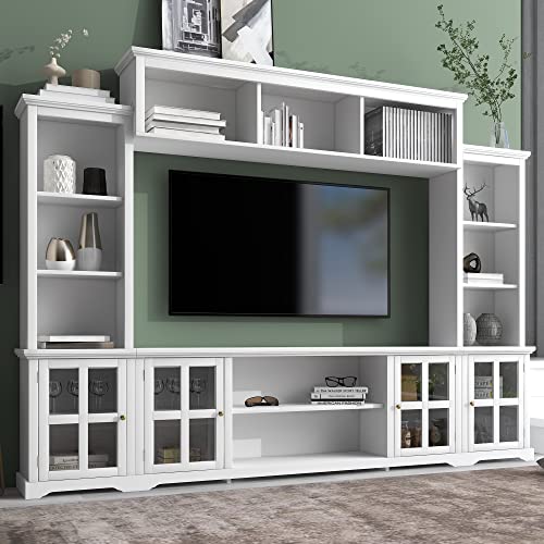 Entertainment Wall Unit with Large Storage Cabinets and Shelves Multifunctional TV Stand for TVs Up to 70" Modern 104" Wide Entertainment Center Wall Unit with Bridge, White