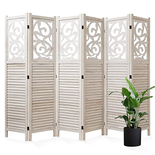 Room Divider Wood Carved Wall Divider Indoor Folding Portable Partition Screen for Home Office Garden Terrace - 6 Panel, 67 * 90inch (Dark Brown)
