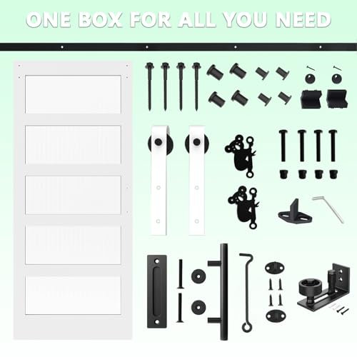 32 x 84 Inch Glass Sliding Barn Door Slab and 5.5ft Hardware Kit Included, 5 Frosted Glass, LVL Wood Panel Covered with White Water-Proof Scratch-Resistant PVC Surface, Simple DIY Assembly
