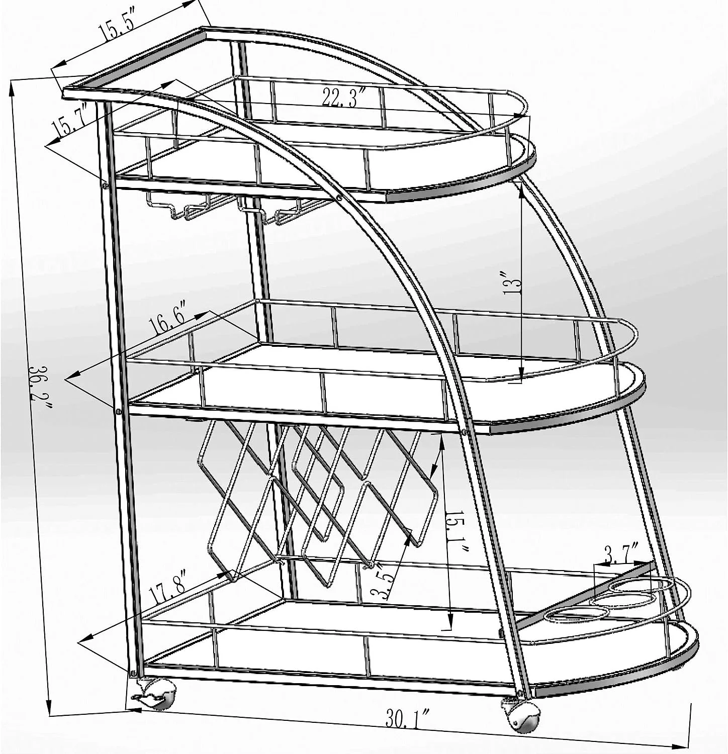 Industrial Mobile Bar Cart Serving Wine Cart with Wheels & Wine Rack, 3-Tier Metal Frame Kitchen Island Cart Mini Bar Cabinet Bar Carts for The Home, Club, Kitchen, Living Room(Gold)