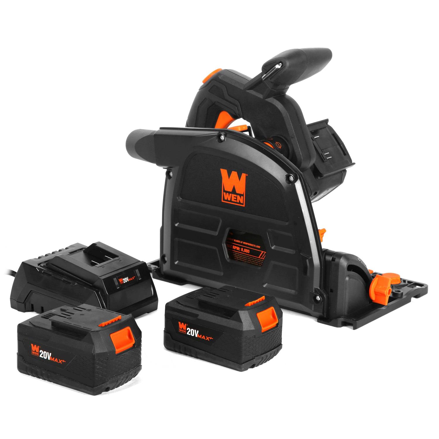 WEN 20V Max 6.5-Inch Cordless Brushless Plunge Cut Variable Speed Track Saw with Two 4.0 Ah Batteries and Charger