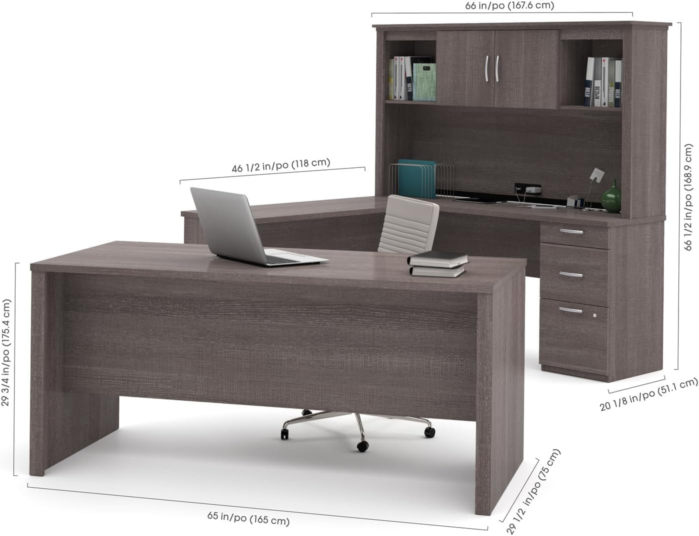 Modern Motifs U-Shaped Executive Desk with Pedestal and Hutch in bark grey