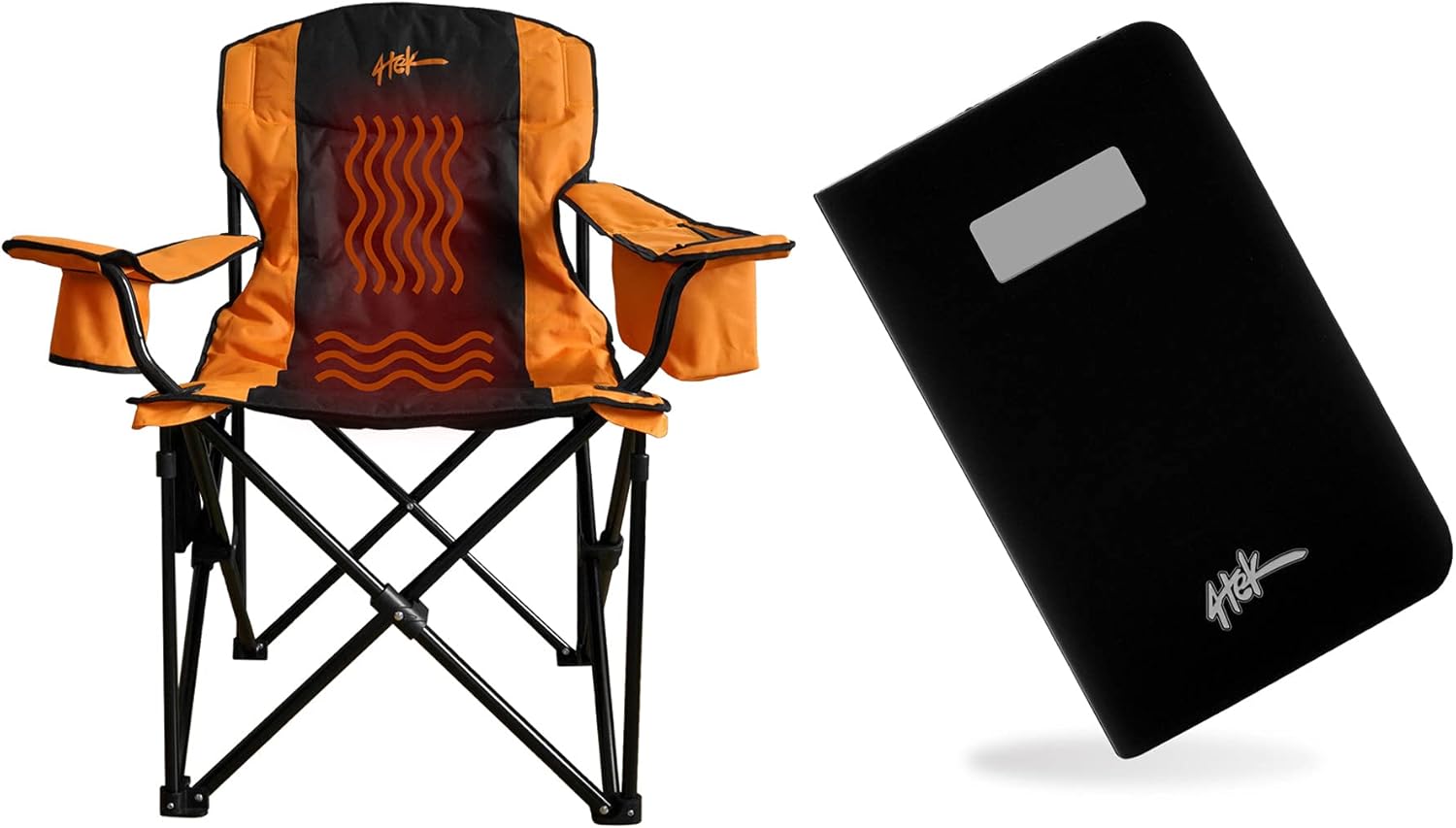 4Tek - Heated Chair - Portable Chair Perfect for Outdoor Camping, Sports, Beach, Lawn and Picnics | Orange & Black | Large Seat - Includes Battery Power Bank