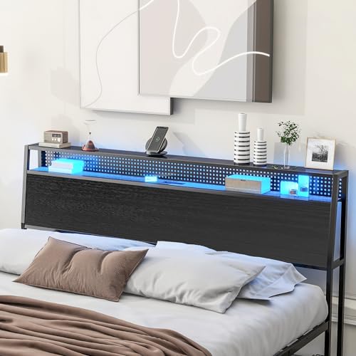 Queen Bed frame with LED Lights, Metal Platform Bed Frame with 4 Storage Drawers, Tall Bookcase Headboard and Charging Station, Sturdy, No Box Springs Needed Black