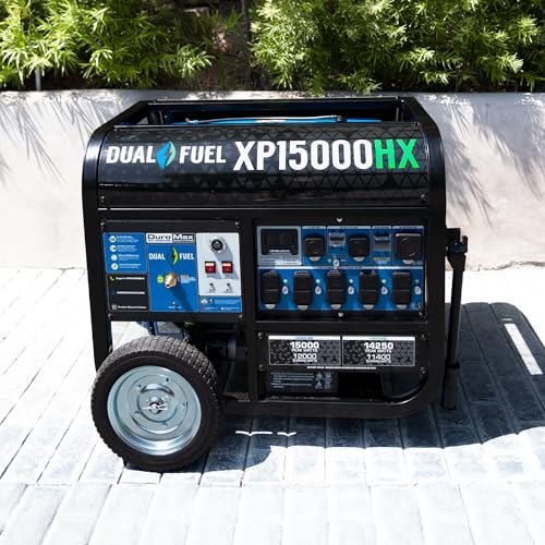 DuroMax XP13000HXT 13,000-Watt 500cc Tri Fuel Gas Propane Natural Gas Portable Generator with CO Alert, Black/Blue