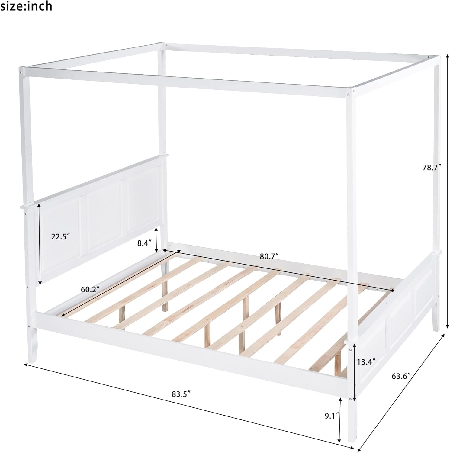 Queen Size Canopy Bed with Headboard and Footboard, Solid Wood Platform Bedframe with Four Columns & Slat Support, No Need Spring Box, Ider for Apartment, Bedroom, Guest Room, White