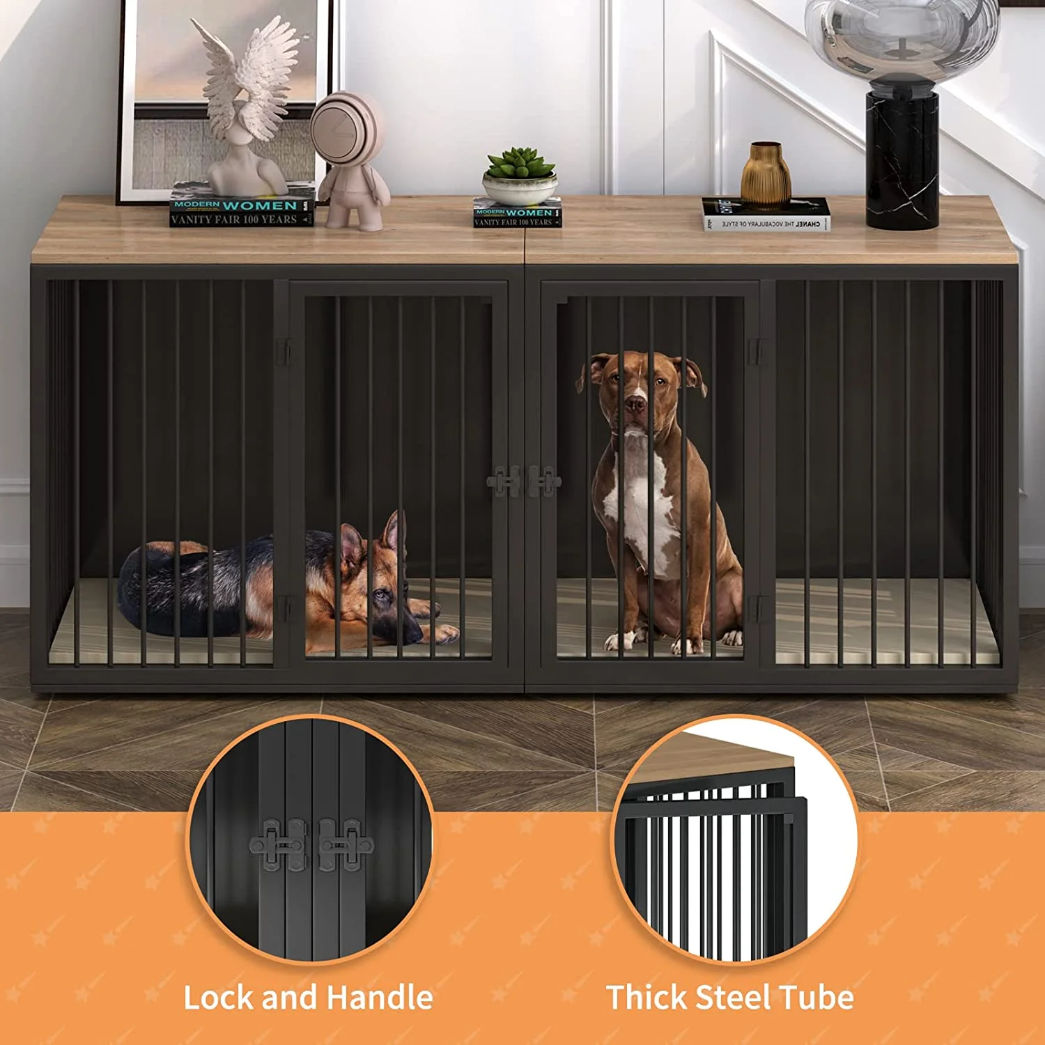 Cuoote Dog Crate Furniture for 2 Dogs, Large Kennel Furniture with Partition and Double Cage, 71.6" All-Steel Frame and Wooden Top Kennel, Suitable for Medium and Large Dogs (Black)