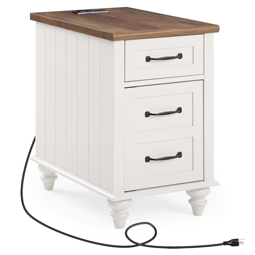 WAMPAT 2 Pack Modern End Table with Charging Station, Side Table with Storage Cabinet for Living Room, Nightstand with Drawer for Bedroom, White/Oak