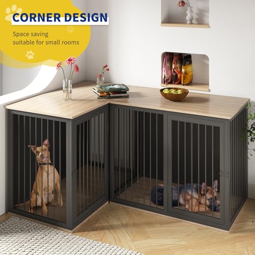 Dog Crate Furniture for 2 Dogs, 79.1" Large Dog Kennel Furniture with Dividers and Double Doors, All Steel Frame Double Dog Crate, 41.7" L X 22" W X 30.3" H, 37.4" L X 22" W X 30.3" H (Black Gray)