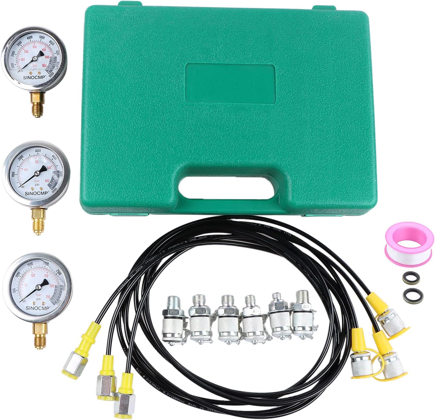 Upgraded Version Hydraulic Pressure Gauge Kit - SINOCMP Excavator Hydraulic Kit Stainless Steel Pressure Gauge Test Gauge Kit for Excavators, 2 Years Warranty