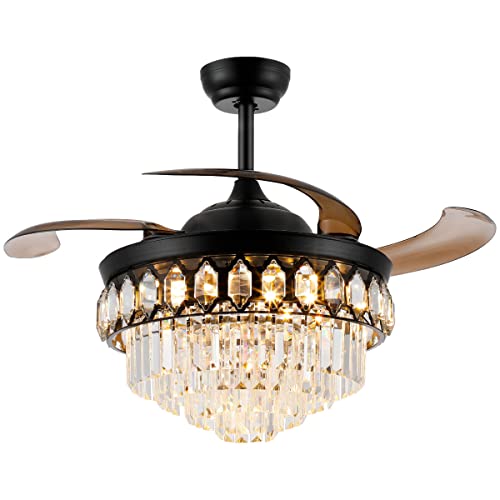 48" Black Chandelier Ceiling Fan with Lights and Remote Control Retractable Modern Fandelier Ceiling Fan with Light 6-Speed LED Dimmable Crystal Ceiling Fan Invisible for Bedroom Living Room