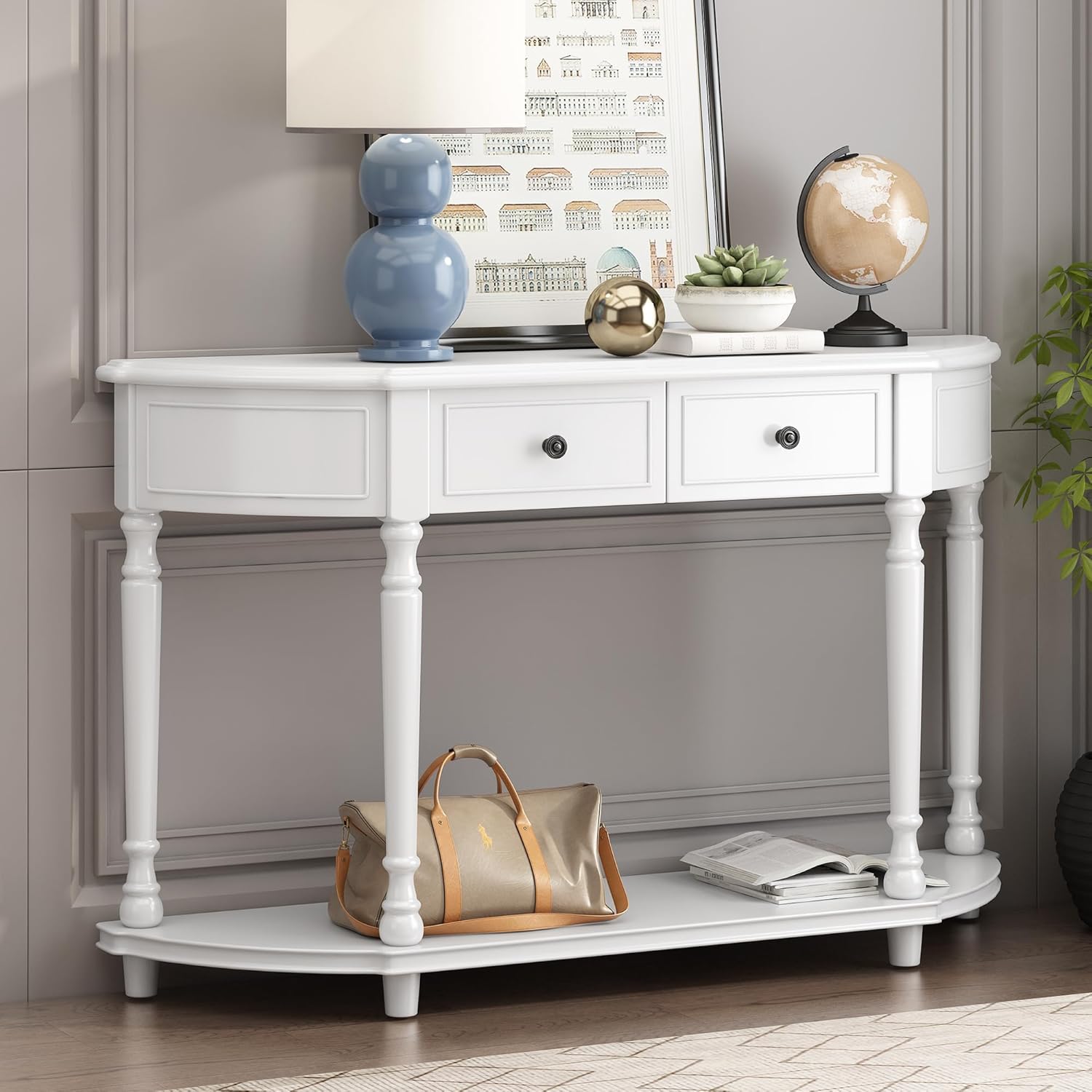 Storage Cabinet Retro Circular Curved Console Open Shelf and 2 Top Drawers, Half Moon Entry Solid Wooden Frame and Legs,Wood Sofa Tables, for Hallway, Living Room, White