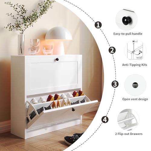 VOWNER Shoe Cabinet with 2 Flip Drawers, Freestanding Shoe Storage Cabinet with Adjustable Shelf & Anti-Tipping Device, Shoe Rack for Entryway, Hallway, Living Room (White)