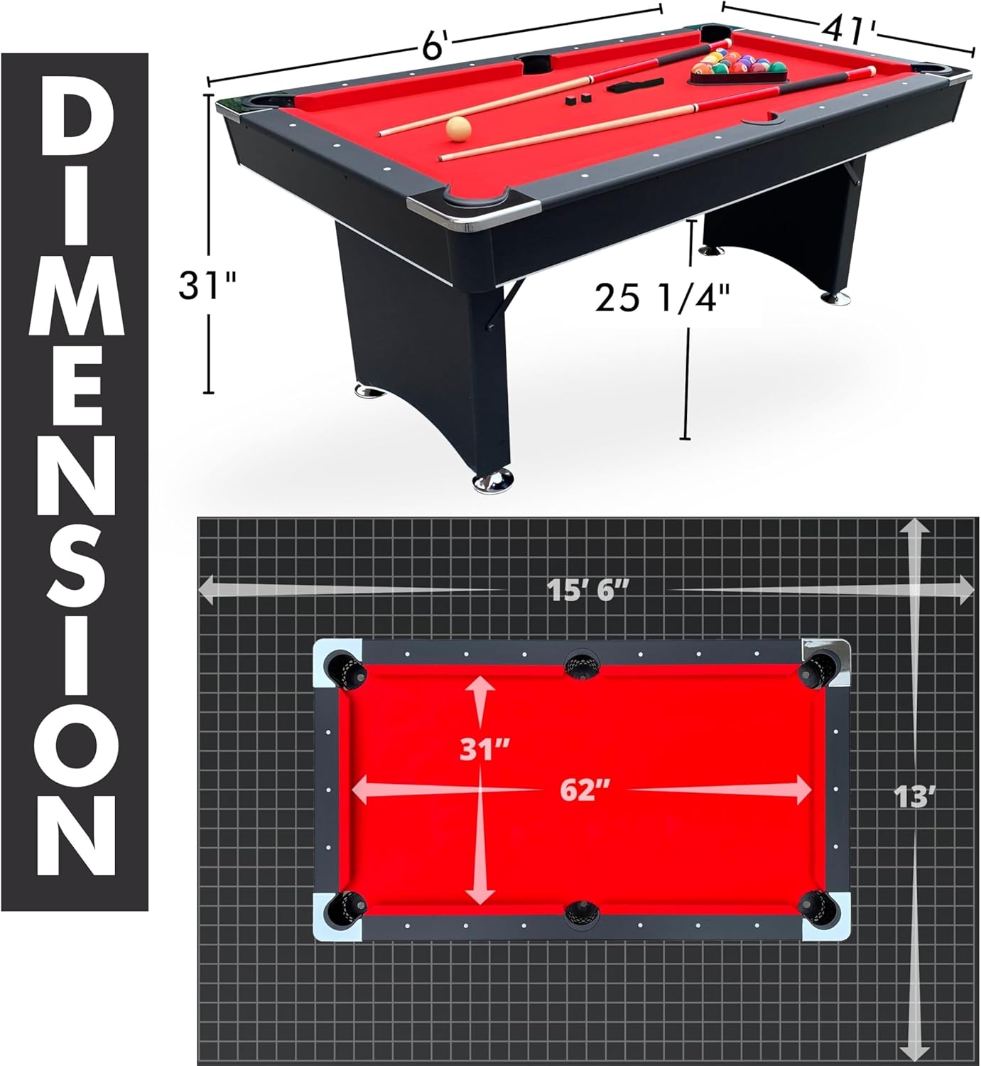 Pool Table, Billiard Tables Accessories Included, 2 Pool Cue Sticks, Pool Table Balls, and More - 6 FT Portable Pool Table Set