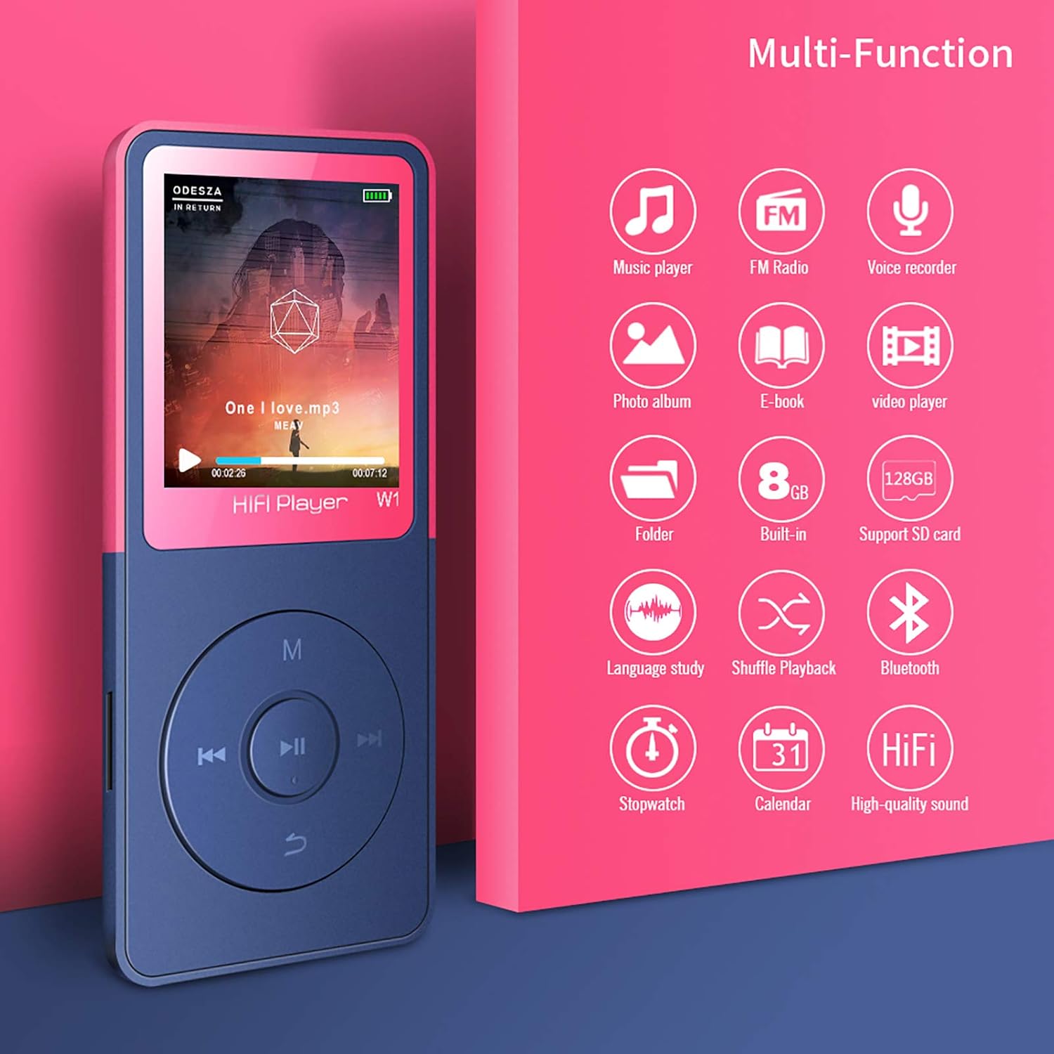 MP3 Player with Bluetooth 1.8" LCD Screen 8GB Support 128GB TF Card (Not Included) GOPOSOO Portable Metallic HiFi Sound MP4 Music Player with Speaker, FM Radio, Voice Recorder for Kids,Walkman Pack of 2
