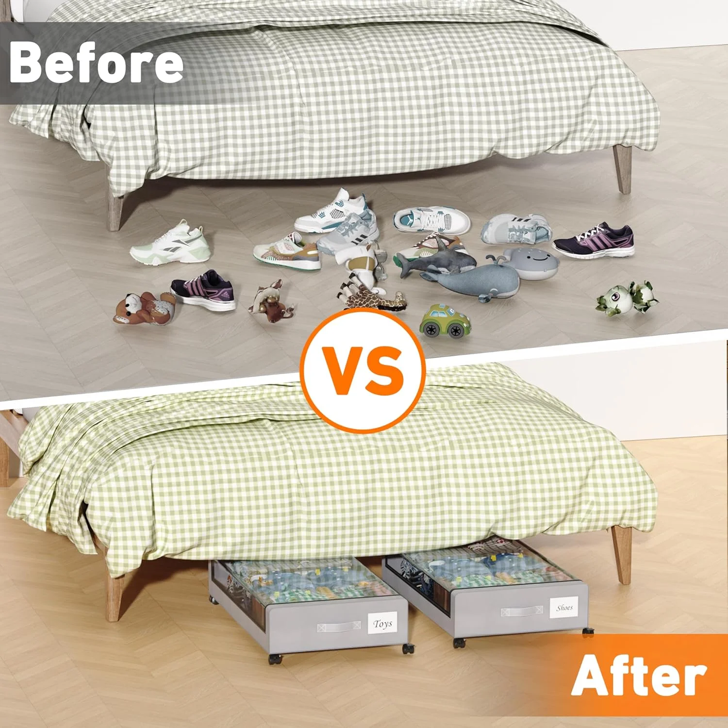 Under Bed Storage with Wheels, 4-Pack Under Bed Storage Containers with Clear Lids, XXL 60L Under the bed storage Organizer Bins, Rolling Under Bed Metal Drawer for Clothes,Shoes,Toys (Gray)