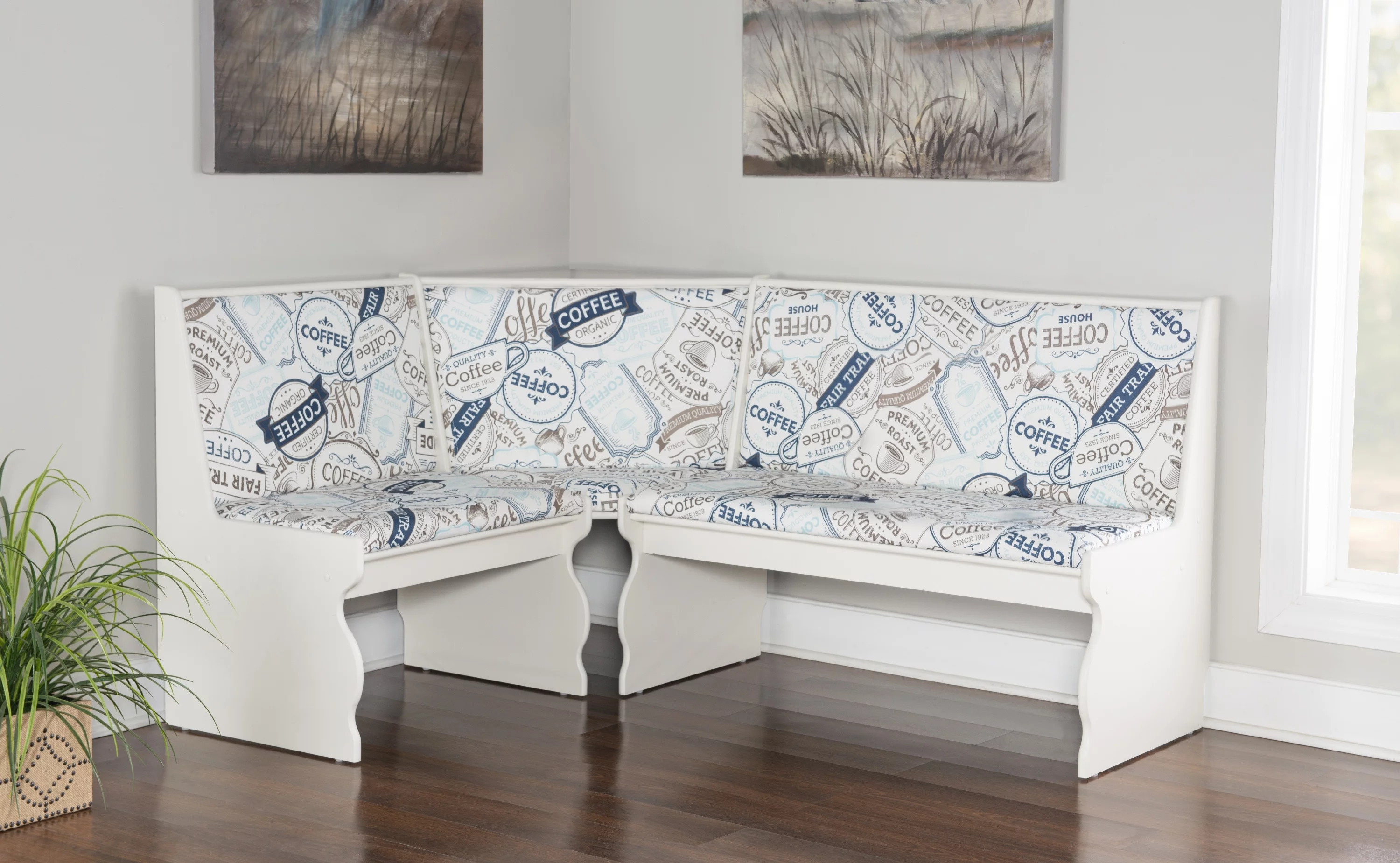 Linon Sasha Casual Dining Breakfast Nook with Corner Unit, Table, and Bench, 29.4" Table Height, Seats 5, White Finish with Coffee Patterned Fabric