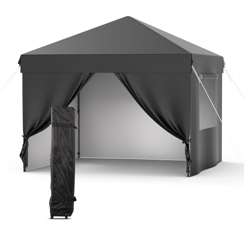 Grey 10x10 Pop Up Canopy with 4 Removable Sidewalls and Windows, 3 Adjustable Heights Commercial Shelter, Portable Enclosed Instant Tent with Wheeled Carry Bag, Waterproof Outdoor Gazebo