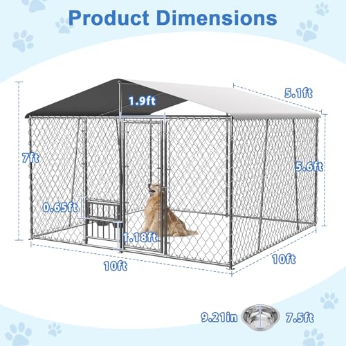 10×10×7FT Large Dog Kennel Outdoor with Bowls, Heavy Duty Outdoor Dog Kennel with Cover, Outside Chain Link Dog Playpen Dogs Run Dog Cage with Lock & Waterproof Roof for Backyard