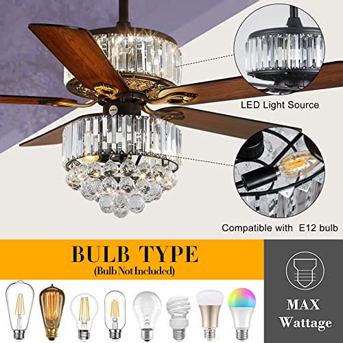 Modern K9 Crystal Fandelier Ceiling Fan with Lights and Remote Control,Outdoor Chandelier Ceiling Fan for Farmhouse,Dining Room,Living Room