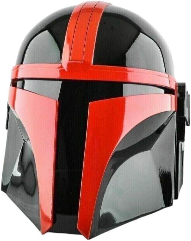 Mandalorian Steel Metal Helmet Red-Black Pattern Face Head Mask with Liner and Chin Strap for LARP Cosplay Role Halloween Armour Gift, Standard