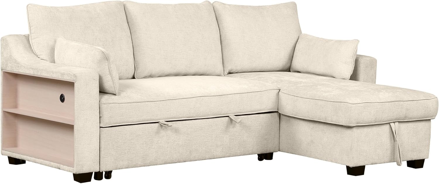 FANYE L-Shape Reversible Sleeper Sectional Couch Pull Out Sofa Bed w/Storage Chaise,Racks and USB Ports,Modern Linen Tufted Upholstered Convertible Sofabed with 2 Pillows for Living Room