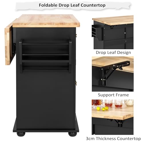 Finnhomy Rolling Kitchen Island With Drop Leaf, Thicken Rubberwood Top, Spice Rack, Towel Rack, Drawer, 43.3" Portable Mobile Kitchen Island Carts Table, Storage Cabinet, Both Wheels and Feet Included