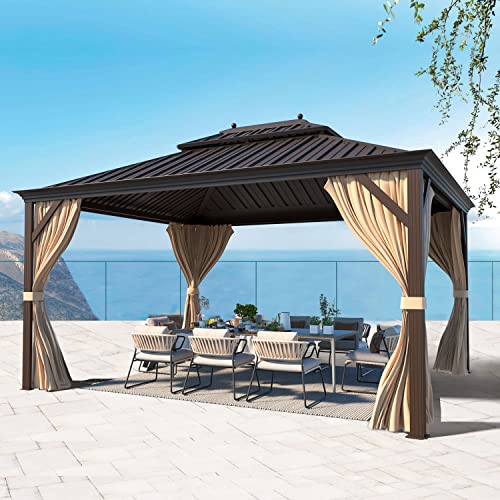 MELLCOM 12'x16' Hardtop Gazebo, Galvanized Steel Metal Double Roof Canopy with Curtains and Netting, Brown Permanent Pavilion Gazebos with Aluminum Frame for Garden, Patio, Lawns, Deck