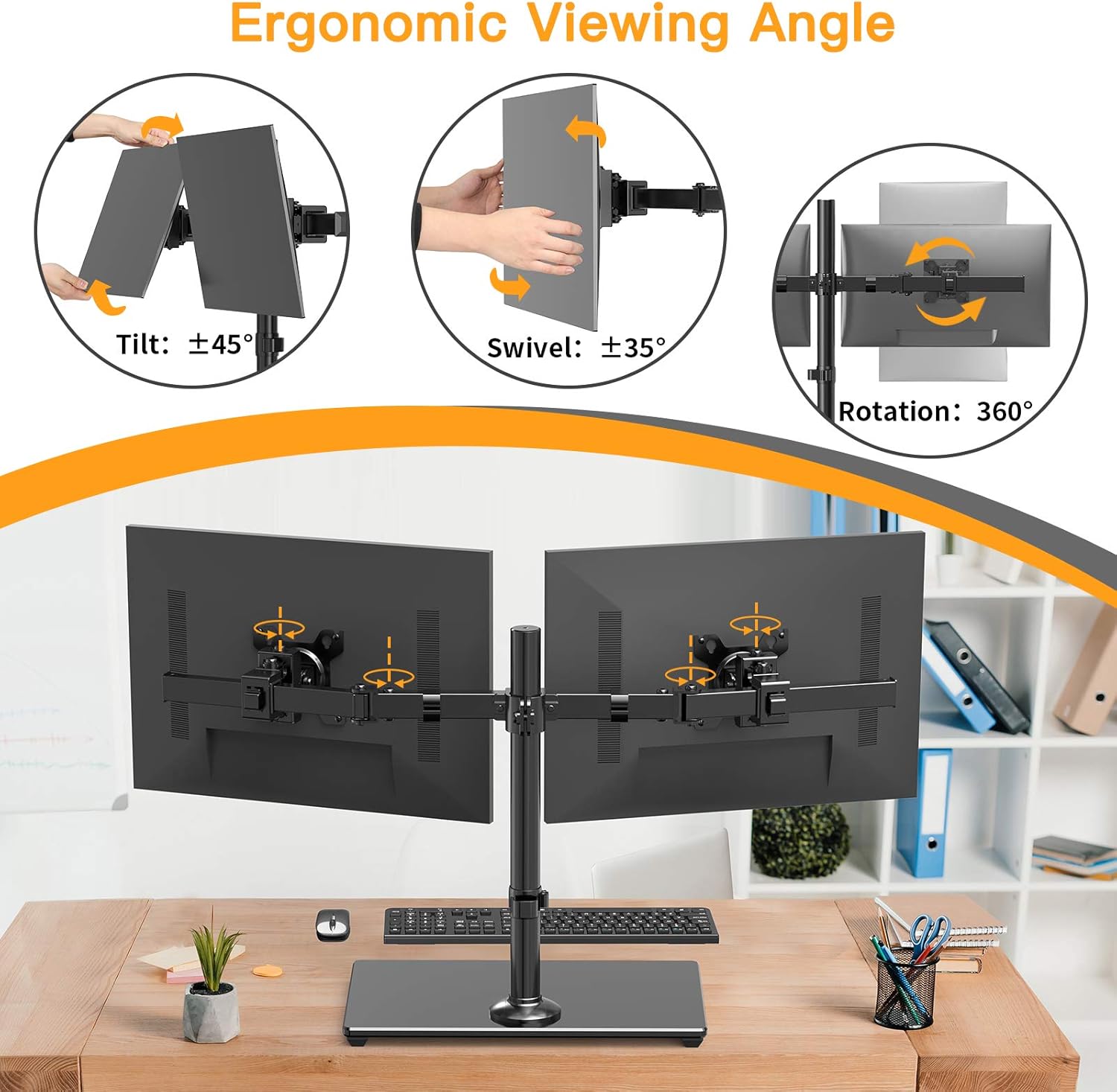 ErGear Dual Monitor Stand with Glass Base, Freestanding Height Adjustable Two Arm Monitor Mount, Heavy Duty Structure Supports Most 17-32” Monitors up to 26.4lbs, EGCM6 Pack of 2