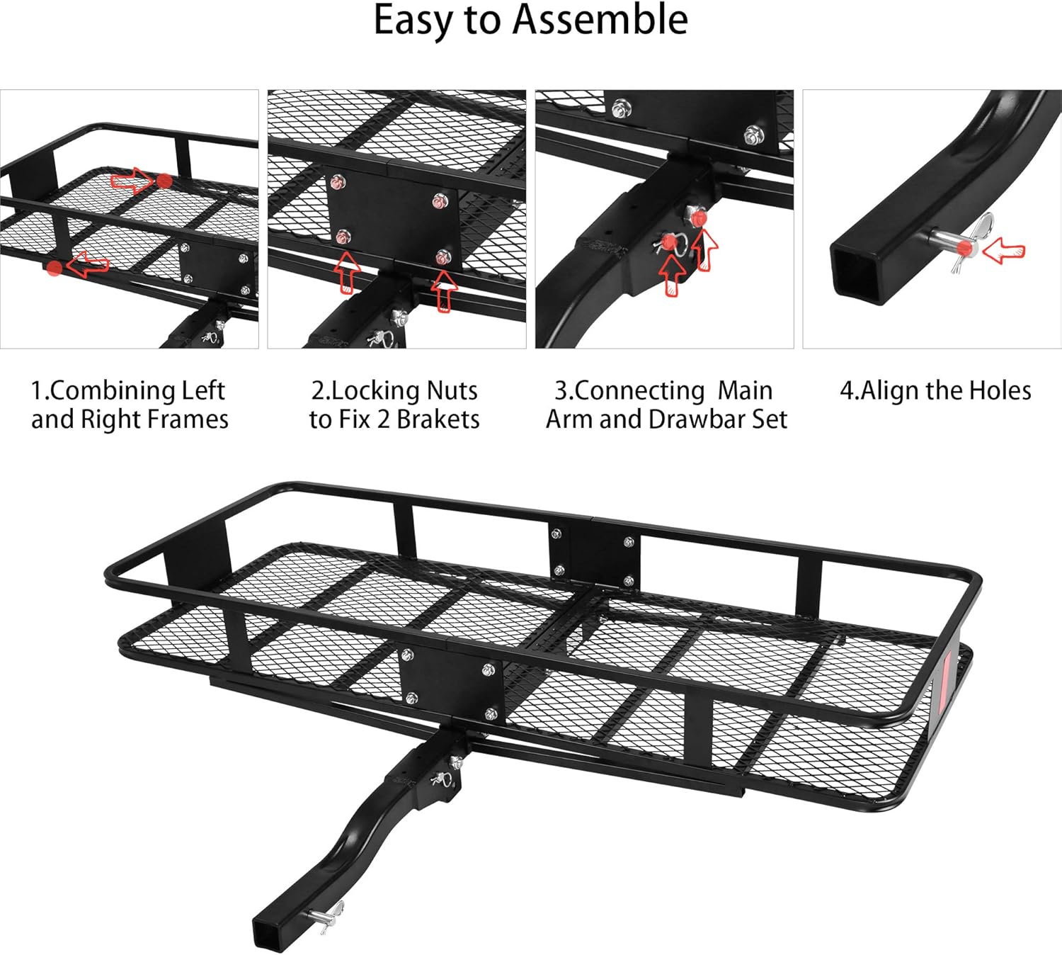 CARSTY 60” x 24” x 6.5” Hitch Mounted Folding Cargo Carrier, 500LBS Capacity Heavy Duty Basket Rack, Fit 2" Receiver Hitch, for Truck SUV Car RV Camping Traveling, Black
