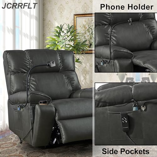 2 Motor Lay Flat Recliner Chair with Adjustable Phone Holder, Power Lift Assist Recliner with Cup Holder, Oversized Leather Sleeping Arm Chair, Massage Heating Home Theater Recliner (Brown)