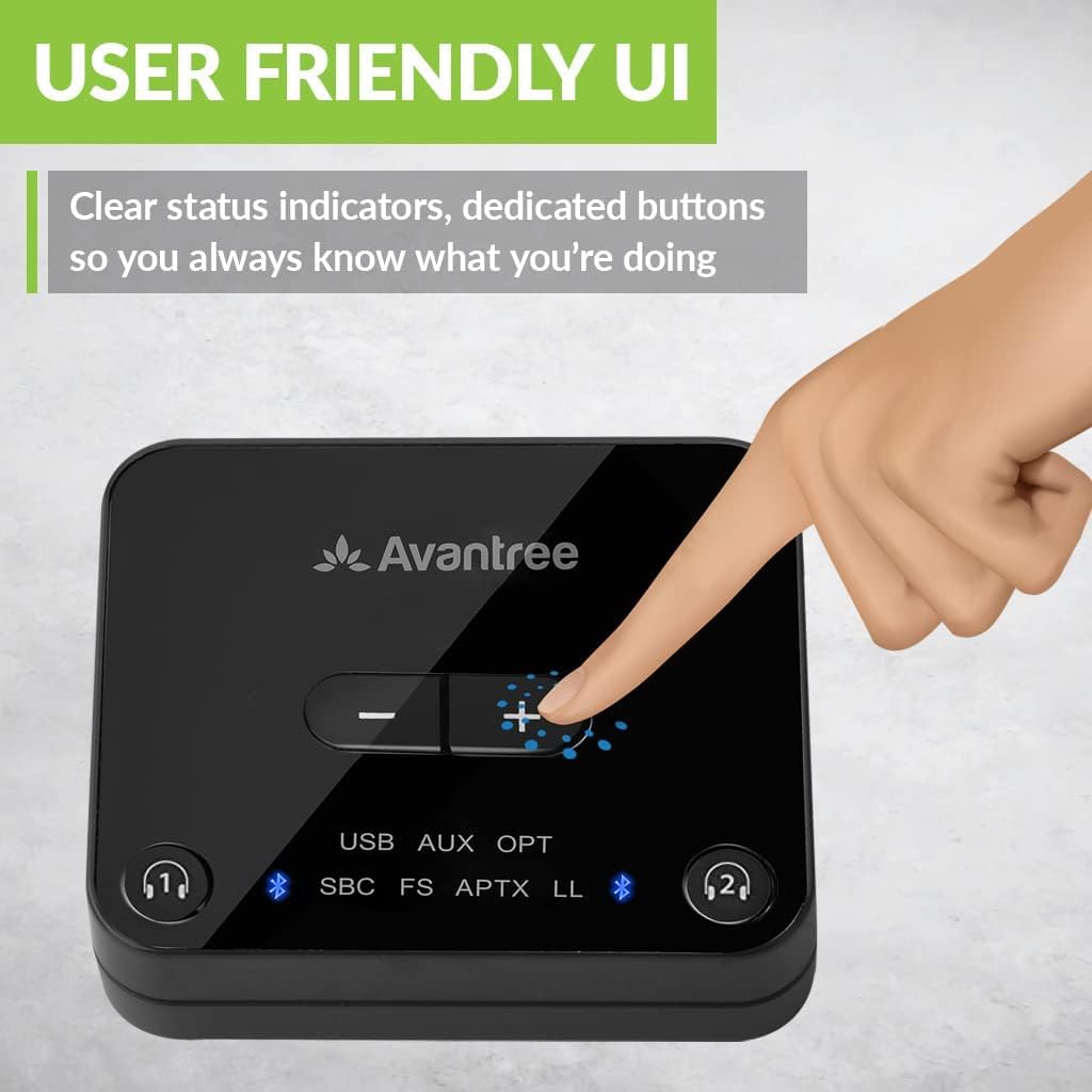 Avantree Audikast Plus Bluetooth 5.0 Transmitter for TV with Volume Control, aptX Low Latency Audio Adapter for 2 Headphones (Optical, AUX, RCA, USB), Class 1 Long Range 100ft - No Receiver Mode Pack of 2